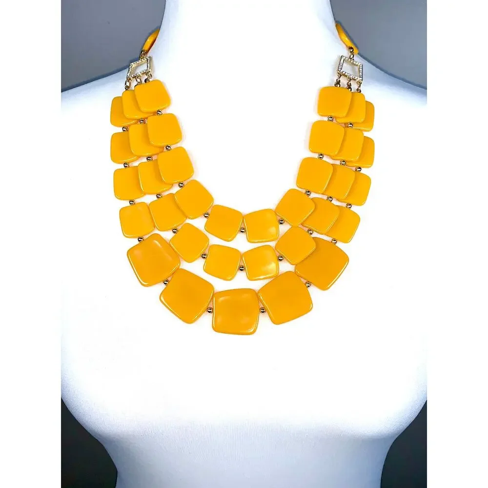 Vintage 1970's Multistrand Mustard Yellow Acrylic Square Statement Necklace